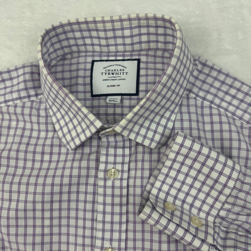 Charles Tyrwhitt Mens Classic Fit Dress Shirt 16/36 Purple White Check Cotton